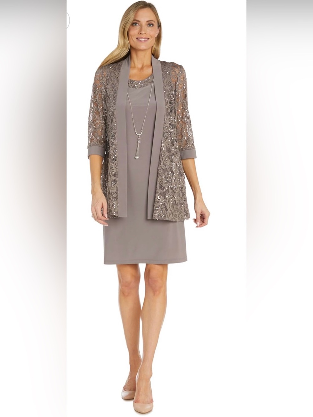 Taupe Beaded Lace Jacket Dress Set